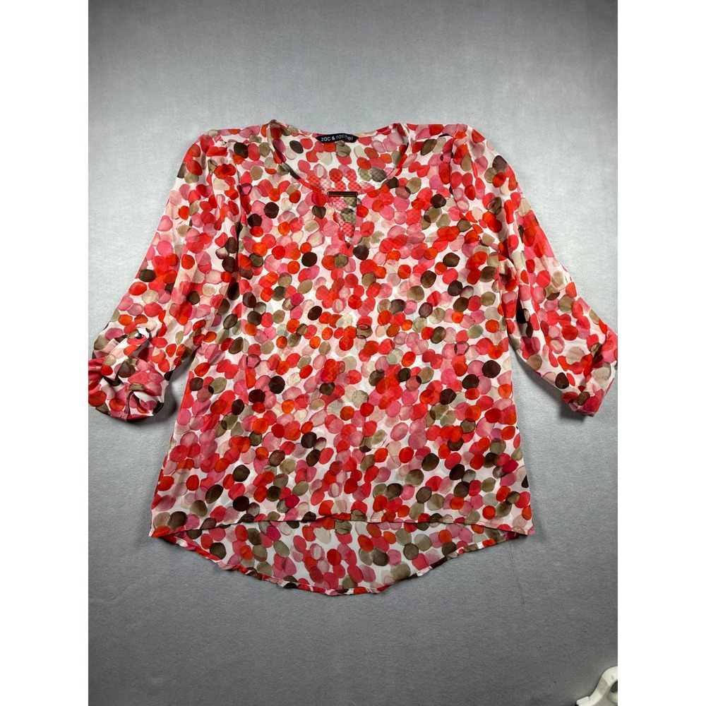 Zac & Rachel Women Red Pink Polka Dot Roll Tab Sleeve Blouse Gold Bar Accent L